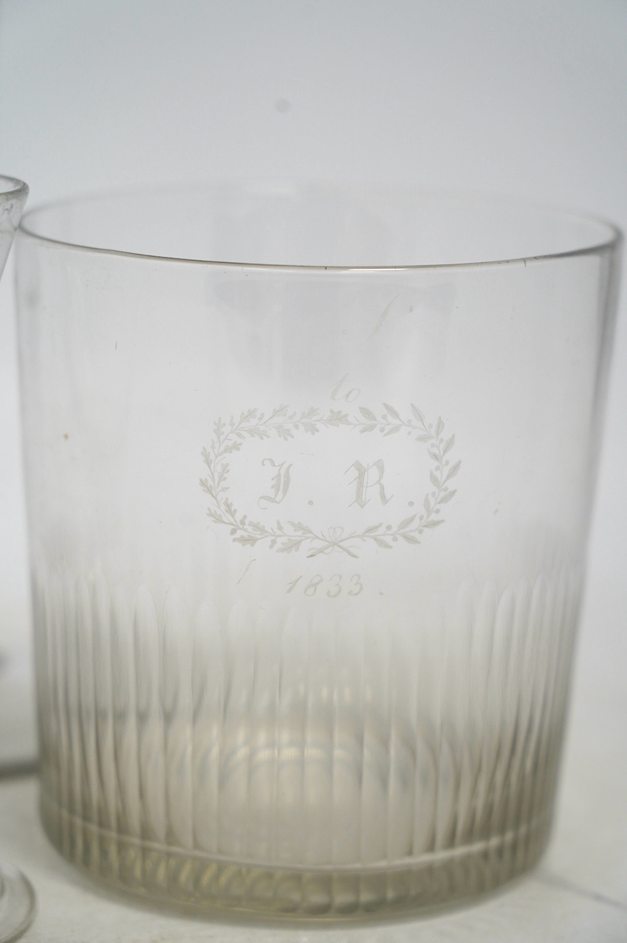 A 19th century hunting related novelty glass, a near cylindrical wine glass cooler, 1833, an 18th century wine glass and another later, tallest, 35cm high. Condition - good